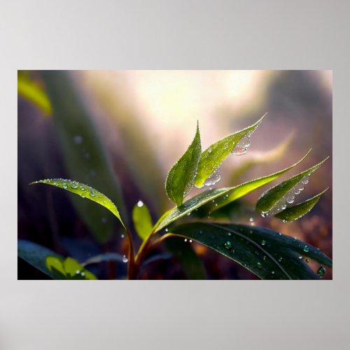 AI Art Rain Drops On A Plant After The Rain Poster