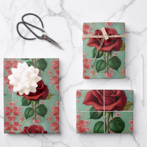AI Art Red Rose Green Wrapping Paper 