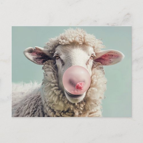 AI ART Sheep Blowing Pink Bubble Gum Bubble Postcard