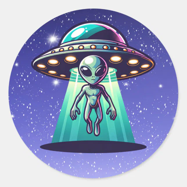 Ai Art with UFO Beaming up an Alien Classic Round Sticker | Zazzle