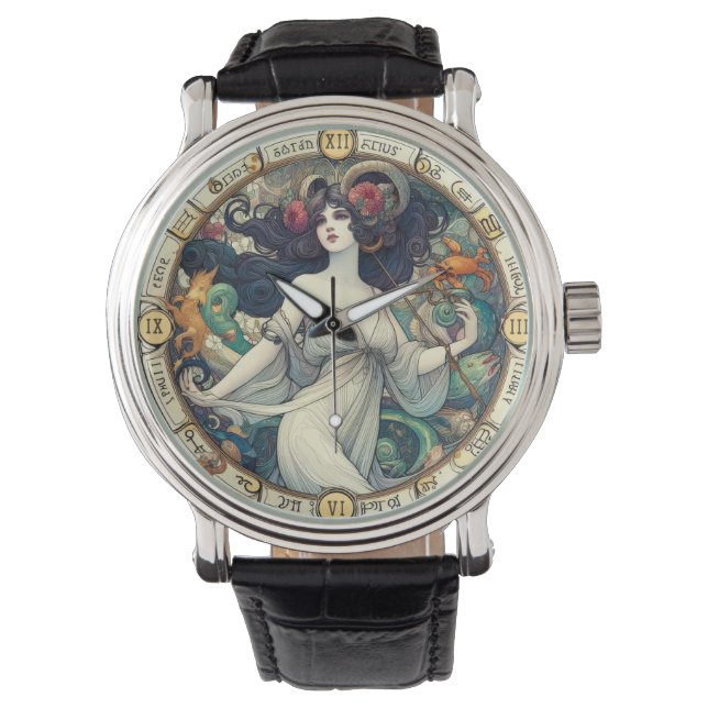 AI assisted Art Deco watch design of lady with flo (Front)