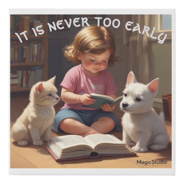 AI Baby Reading to Animals Faux Canvas Print (Front)