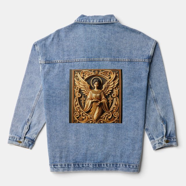 AI Beautiful Woodworked Angel  Denim Jacket (Back)