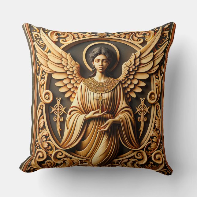 AI Beautiful Woodworked Angel  Throw Pillow (Front)