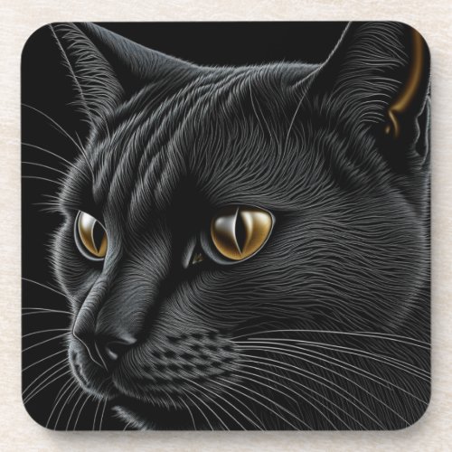 AI Black Cat with Yellow Eyes Beverage Coaster