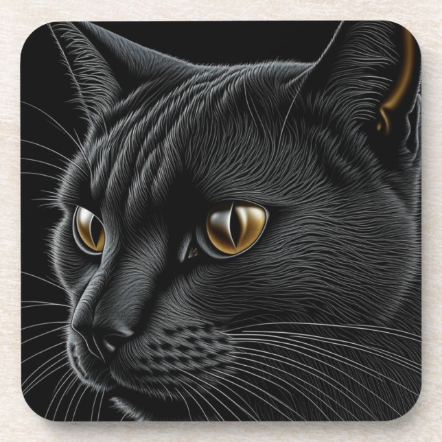 AI Black Cat with Yellow Eyes Beverage Coaster (Front)