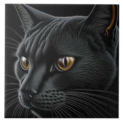 AI Black Cat with Yellow Eyes Ceramic Tile
