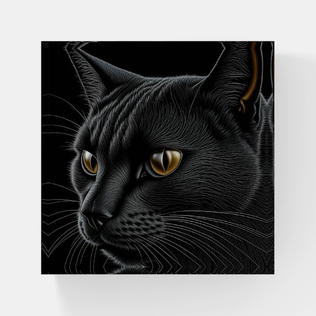 AI Black Cat with Yellow Eyes Paperweight (Front)