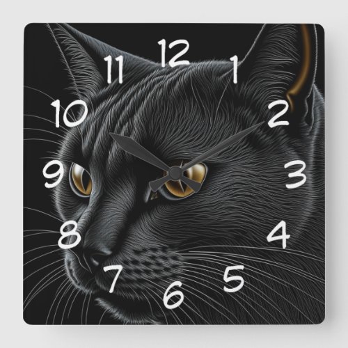 AI Black Cat with Yellow Eyes Square Wall Clock