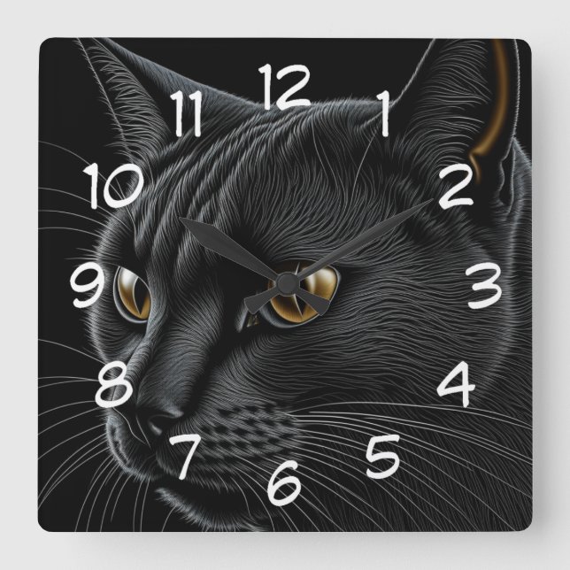 AI Black Cat with Yellow Eyes Square Wall Clock (Front)