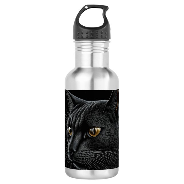 AI Black Cat with Yellow Eyes Stainless Steel Water Bottle (Front)
