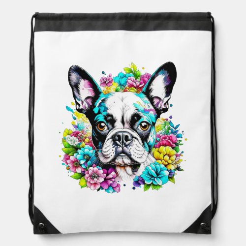 Ai Boston Terrier surrounded by Flowers Drawstring Bag