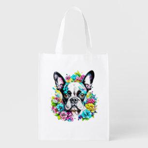 Ai Boston Terrier surrounded by Flowers Grocery Bag
