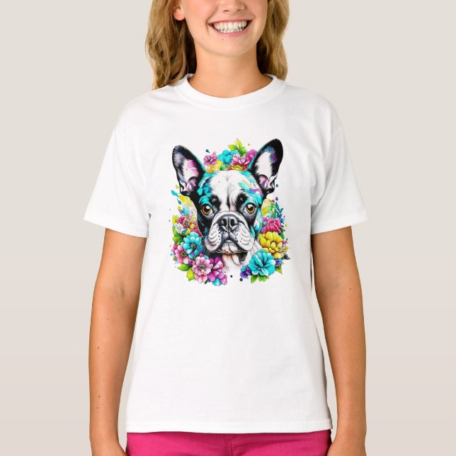 Ai Boston Terrier surrounded by Flowers T-Shirt (Front)