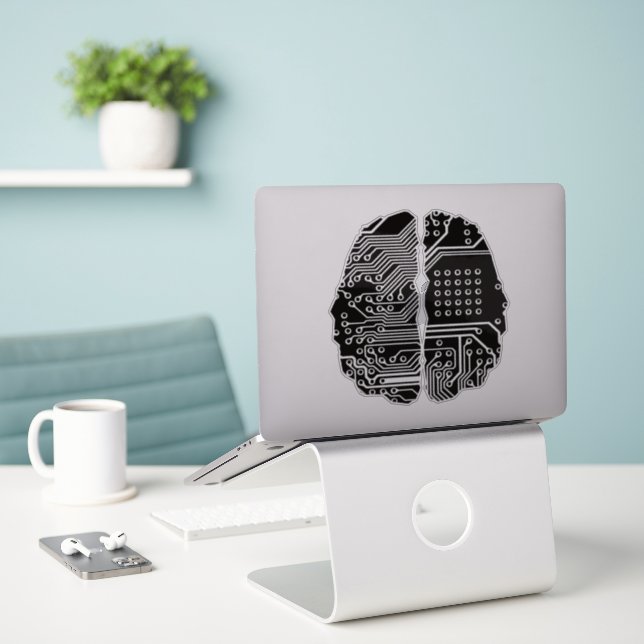 AI Circuit Brain Sticker – Futuristic Laptop Decal (Laptop On Desk)