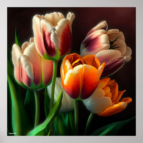 AI design colorful tulips dark ai floral wall art 