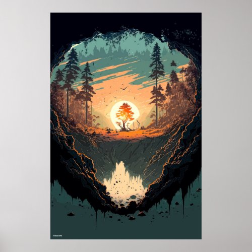 AI designed forest landscape sunrise vintage style Poster