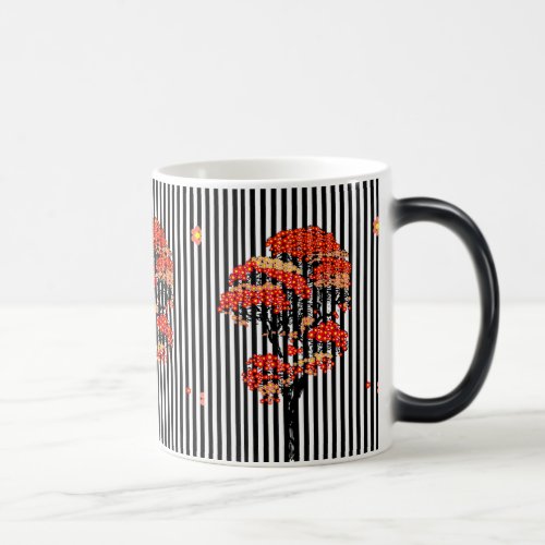 AI Flowers Tree on Black and White Vertical Stripe Magic Mug