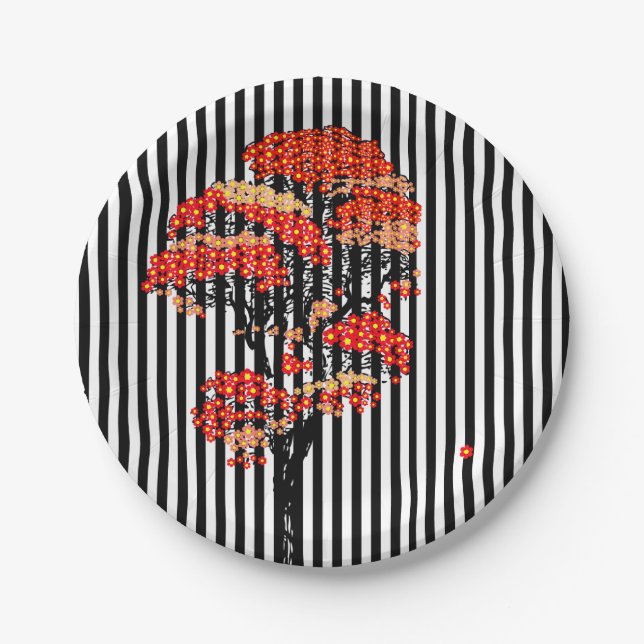 AI Flowers Tree on Black and White Vertical Stripe Paper Plates (Front)