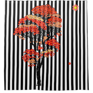 AI Flowers Tree on Black and White Vertical Stripe Shower Curtain