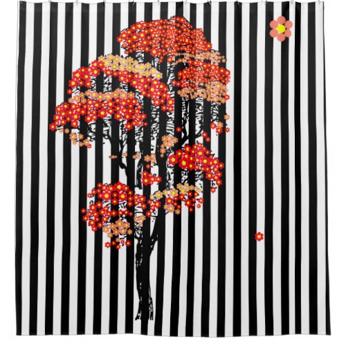 AI Flowers Tree on Black and White Vertical Stripe Shower Curtain