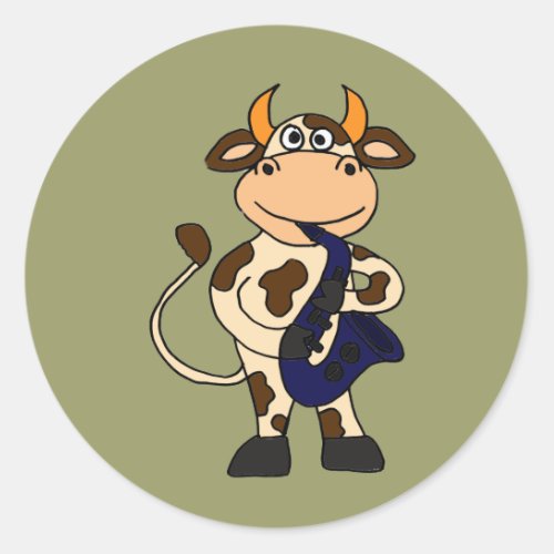 AI_ Funny Cow Playing Saxophone Cartoon Classic Round Sticker