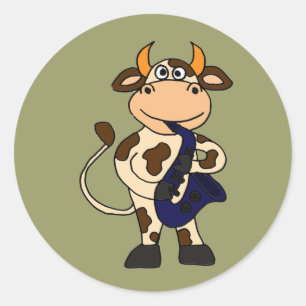 AI- Funny Cow Playing Saxophone Cartoon Classic Round Sticker
