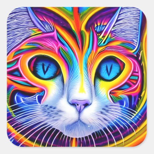 AI Generated Artsy Cool Blue Eyed Abstract Cat Square Sticker