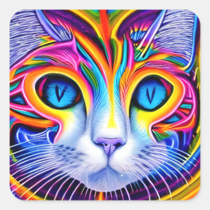 AI Generated Artsy Cool Blue Eyed Abstract Cat Square Sticker