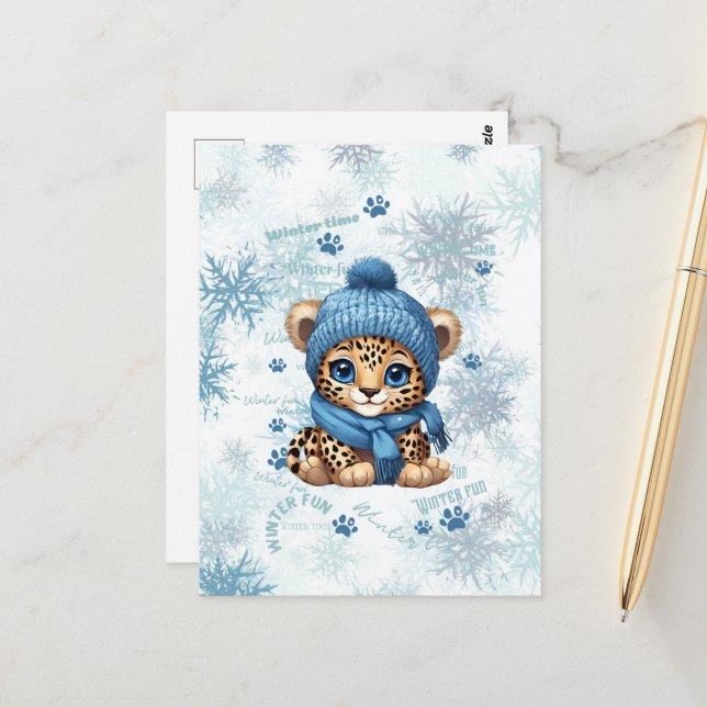 AI generated | Cute Leopard | Winter Postcard (Front/Back In Situ)