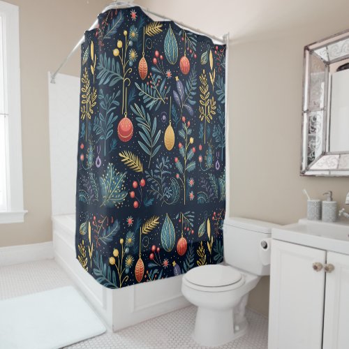 AI Generated Flowers Leaves Pattern Black  Shower Curtain