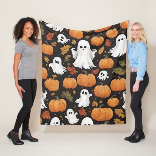 AI Generated Ghost And Pumpkin Halloween Fleece Blanket