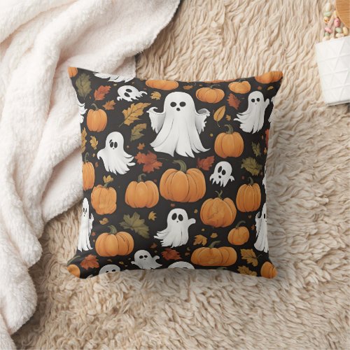 AI Generated Ghost And Pumpkin Halloween Throw Pillow