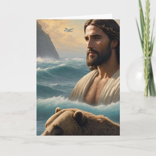 AI Generated  Jesus in the ocean with a bear Card