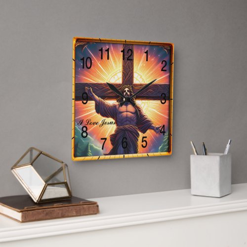 AI Generated  Jesus nailed to the wooden cross  Square Wall Clock