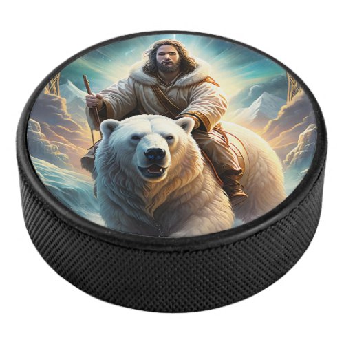 AI Generated  Jesus on a polar bear  Hockey Puck