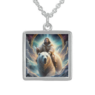 (AI Generated ) Jesus on a polar bear Sterling Silver Necklace