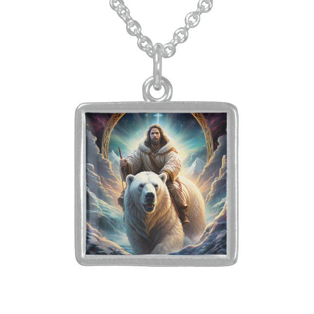 (AI Generated ) Jesus on a polar bear  Sterling Silver Necklace (Front)