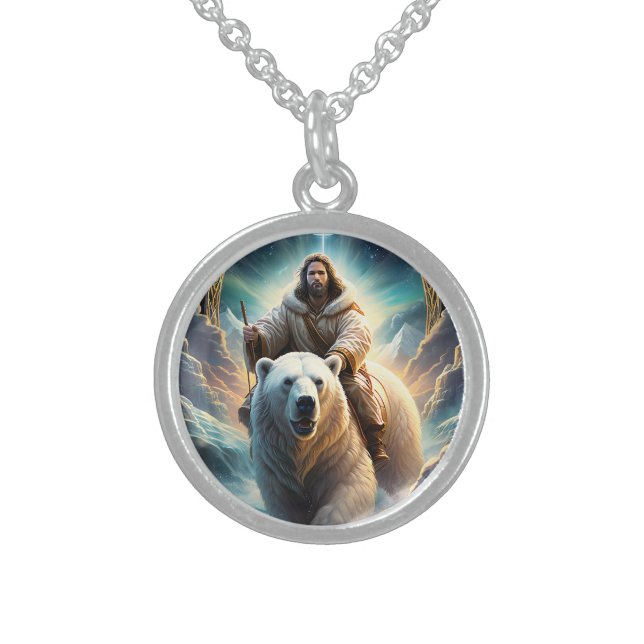 (AI Generated ) Jesus on a polar bear  Sterling Silver Necklace (Front)