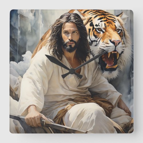 AI Generated  Jesus siting on a rock with tiger  Square Wall Clock