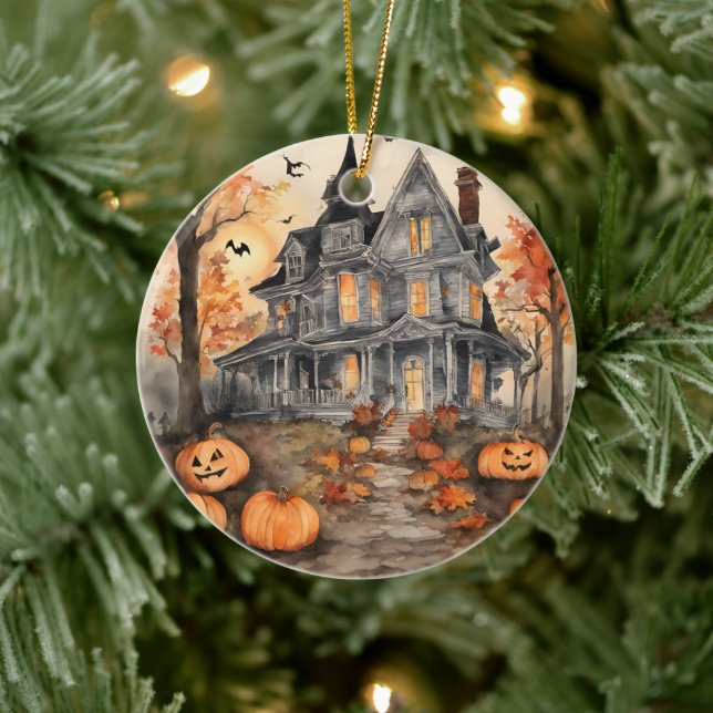 AI Generated Spooky Old House Halloween Ceramic Ornament (Tree)