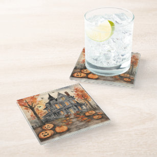 AI Generated Spooky Old House Halloween Glass Coaster