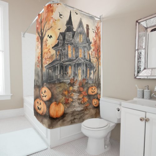 AI Generated Spooky Old House Halloween Shower Curtain