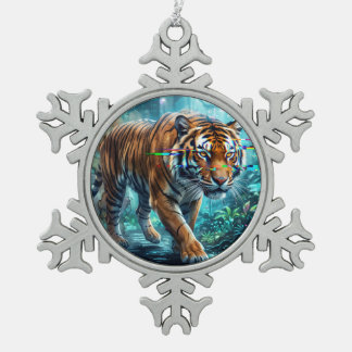 AI Generated Tiger Art Snowflake Pewter Christmas Ornament