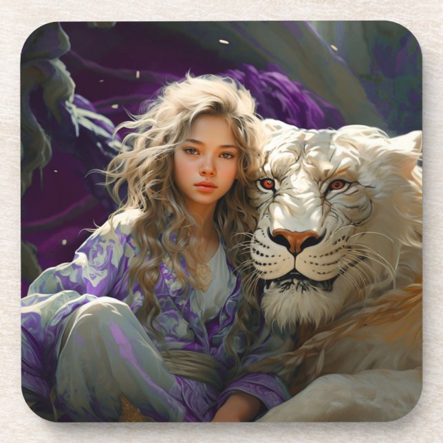 Ai Girl and Lion Beverage Coaster (Front)