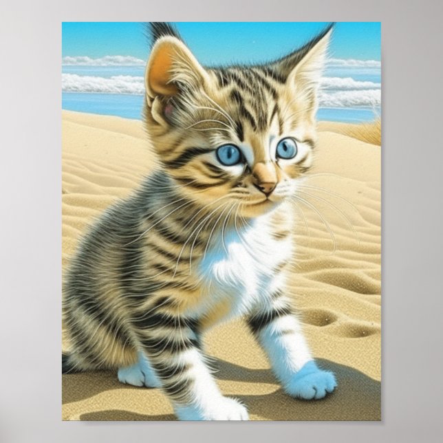 AI Gray Tabby Kitten Playing on a Sandy Beach Poster (Front)