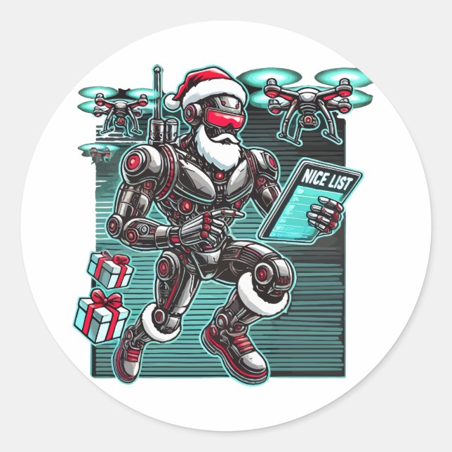 AI Powered Santa Robot with Drones and Christmas L Classic Round Sticker (Front)