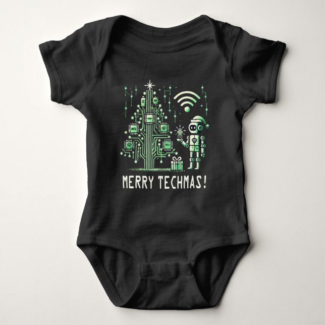 AI Robot with Tech Christmas Tree – Merry Techmas Baby Bodysuit (Front)