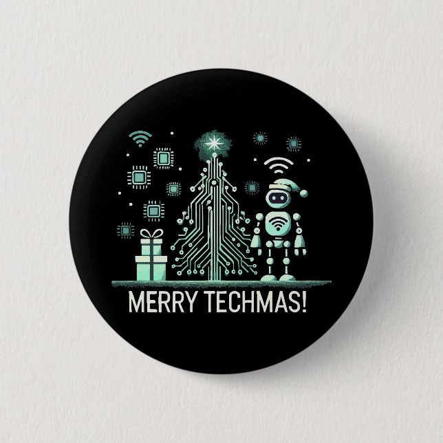 AI Robot with Tech Christmas Tree – Merry Techmas Button (Front)