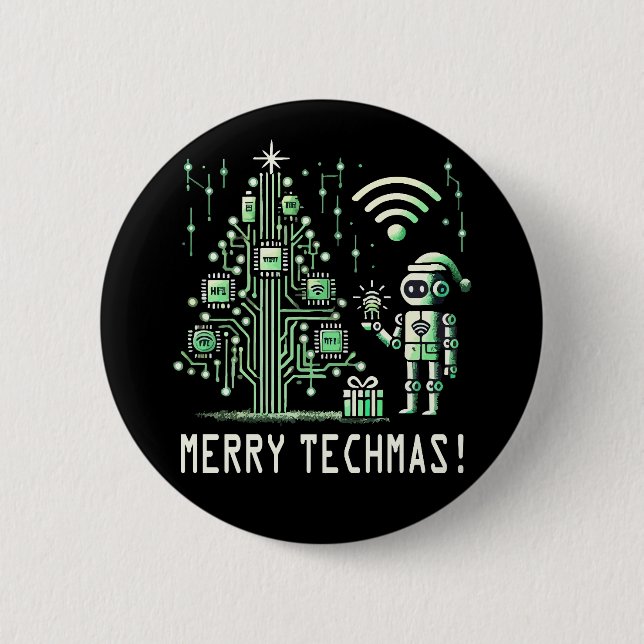 AI Robot with Tech Christmas Tree – Merry Techmas Button (Front)